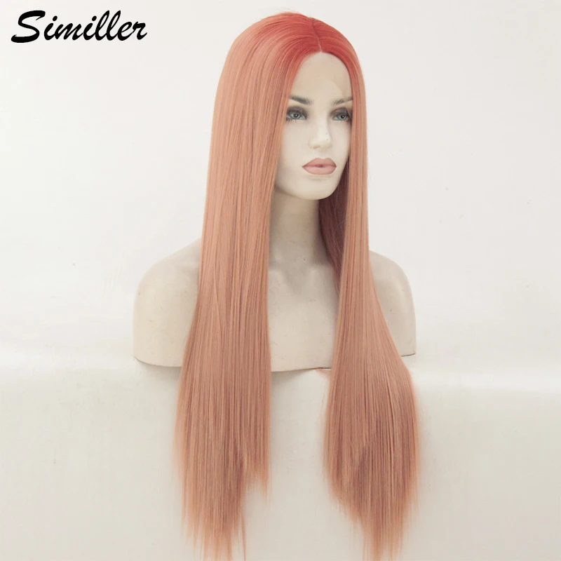 

Similler Women Long Lace Front Synthetic Wigs Dark Root Pink Straight Hair High Temperature Fiber