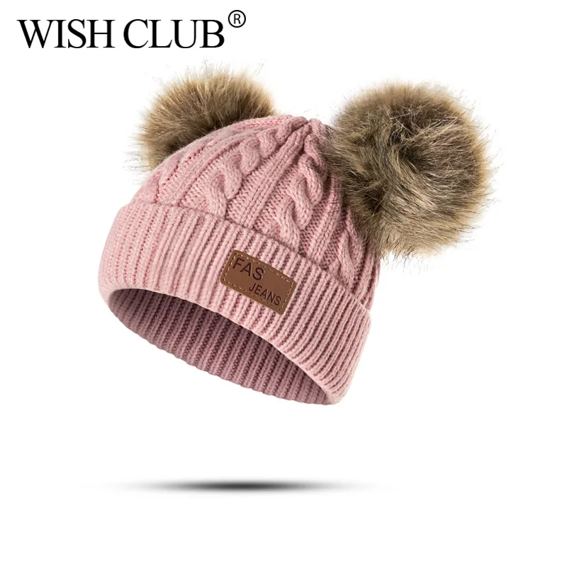 Wish Club/детская зимняя шапка с помпоном, вязаная Милая шапочка для девочек и мальчиков, повседневные однотонные детские шапки для детей 1-3 лет