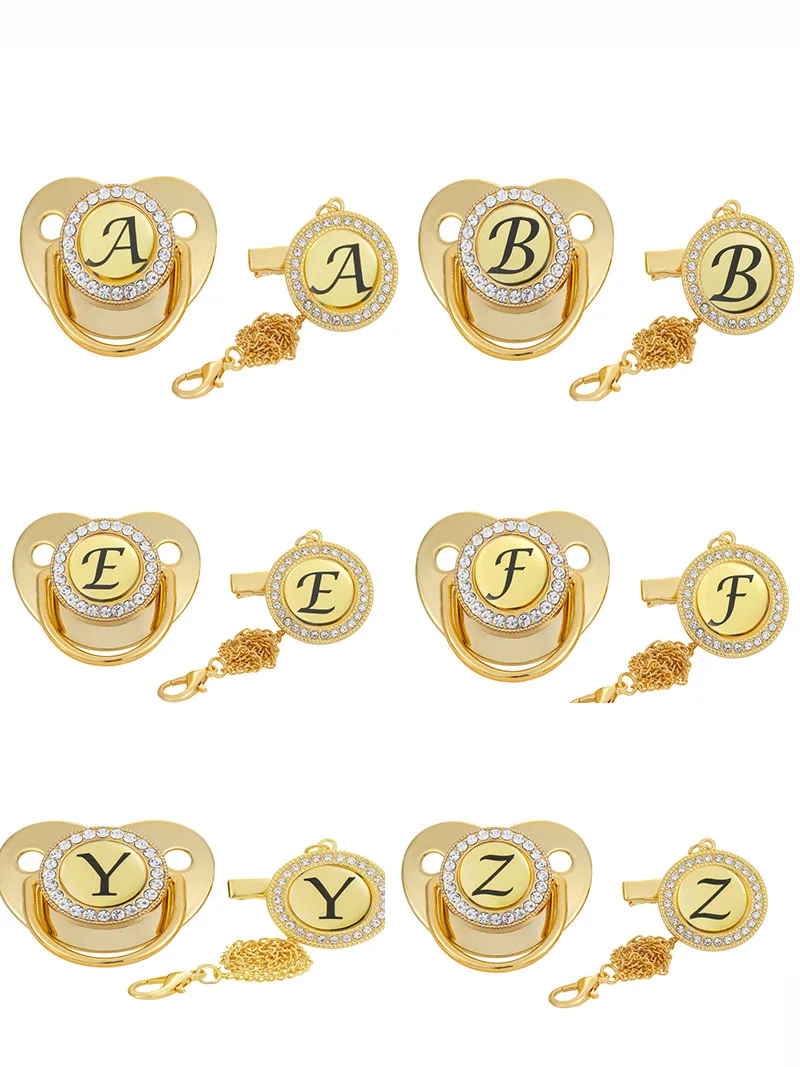 

26 Black Initial Letters Golden Bling Pacifier With Chain Clip Newborn Kids Baby Orthodontic Dummy Teat Nipple Soother Hot sell