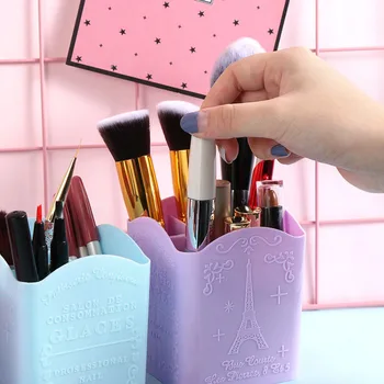 

PP Cosmetic Pen Holder Multifunctional Organizer Container Eiffel Tower Desk 4 Compartments Makeup Mini Brush Cases Storage Box