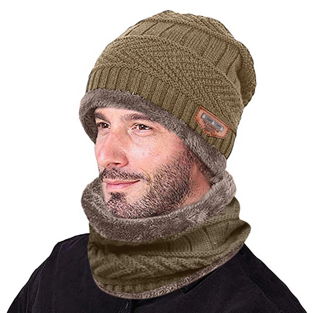 Мужская теплая шапка, зимняя утолщенная Повседневная шапка и шарф, двухсекционная мужская вязаная ветрозащитная шапка, Зимняя Мужская модная шапка, одноцветная шапка Skullies - Цвет: Хаки