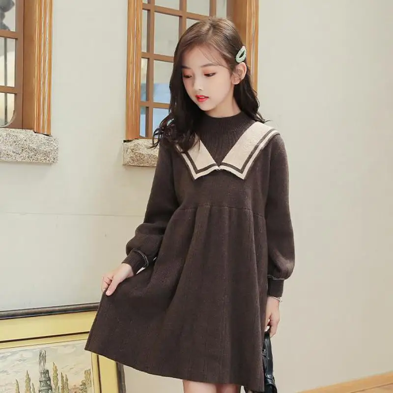 

Autumn Winter Knitted Dress For 5-14 Years Girls Long Sleeve Mid Length Warm Gowns Children Outdoor Casual Dresses Kids Clothes