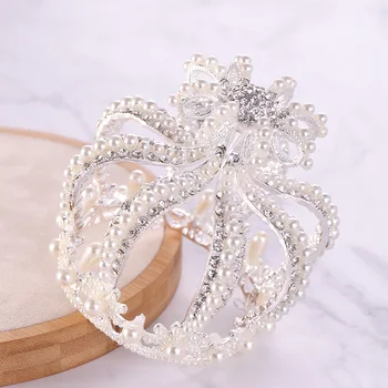 

Luxury Silver Tiara Hair Jewelry For Women Elegant Heavy Pearls Round Crowns Queen Princess Girl Wedding Bridal Hair Accessories