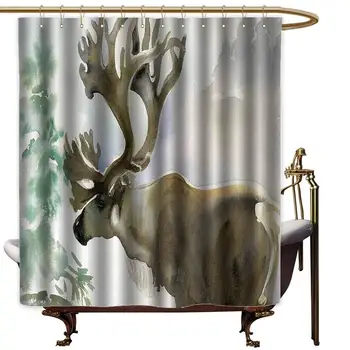 

Antlers Bathroom Shower Curtain Moose in Winter Forest Wildlife Reindeer Christmas Theme Watercolor Painting Style Funny Shower