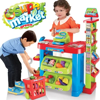

Hot New Big Size Kitchen Set Plastic Pretend Play Toy With Light Supermarket Cash Register Cooking Play Food Cart Toy D199