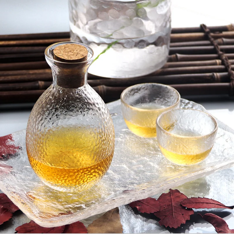 Japanese Style Glass Wine Set Sake Pot Ice Wine Warmer Ware Creative Hammer Grain Gold Edge Heat Resistant Yellow Pot