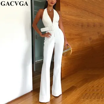 

GACVGA 2019 White High Waist Sexy Summer Jumpsuit With Belt Women Autumn Jumpsuit Romper Female Vintage Sleeveless Overalls