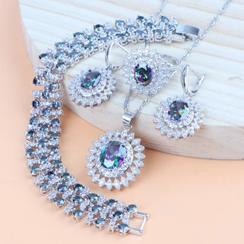 

Rainbow 925 Sterling Silver Women Costume Bridal Jewelry Sets Wedding Zircon Necklace Set Bracelet Rings Earring Pendant Jewelry