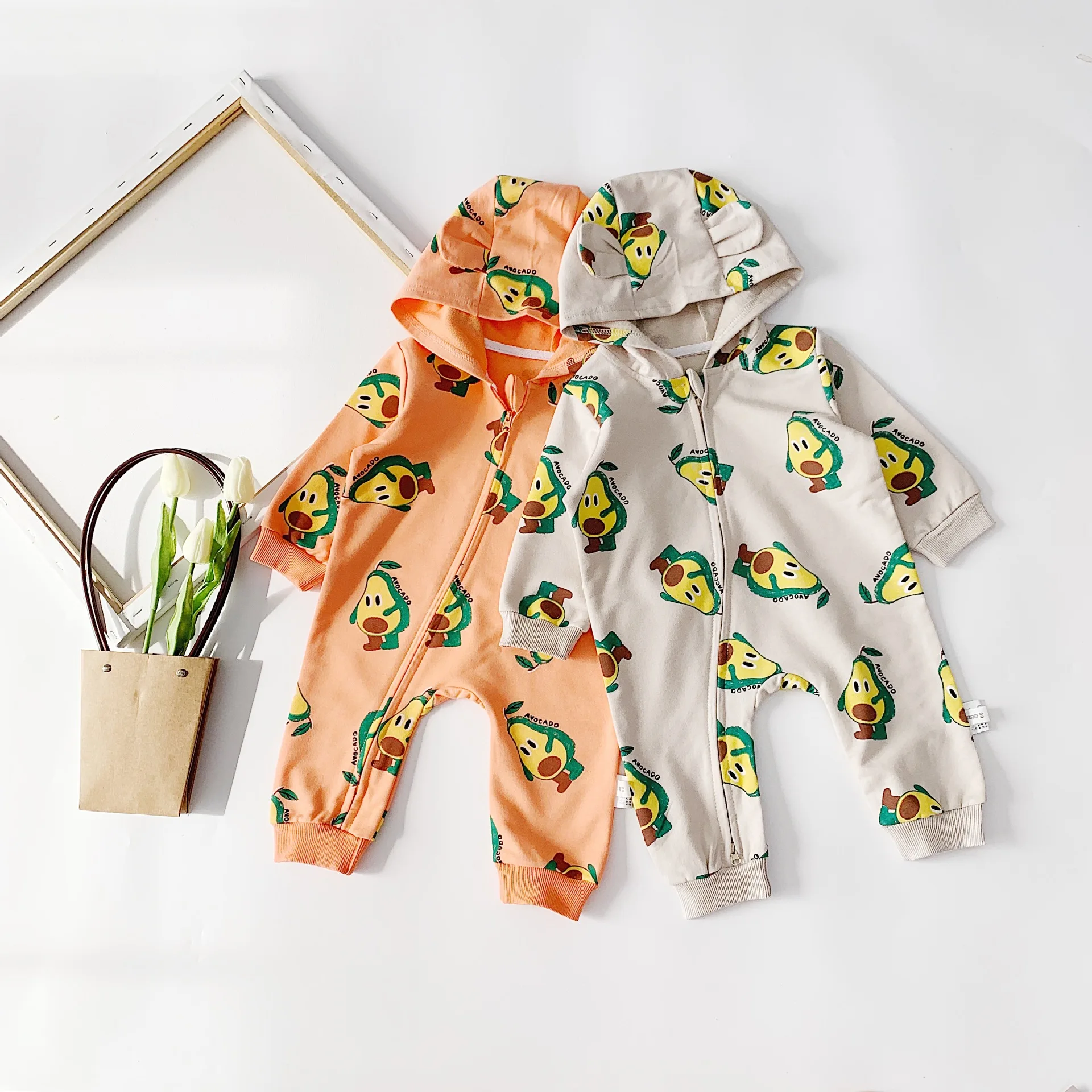 Autumn infant kids cute avocado printing hooded rompers baby boys girls cotton zipper long sleeve jumpsuits