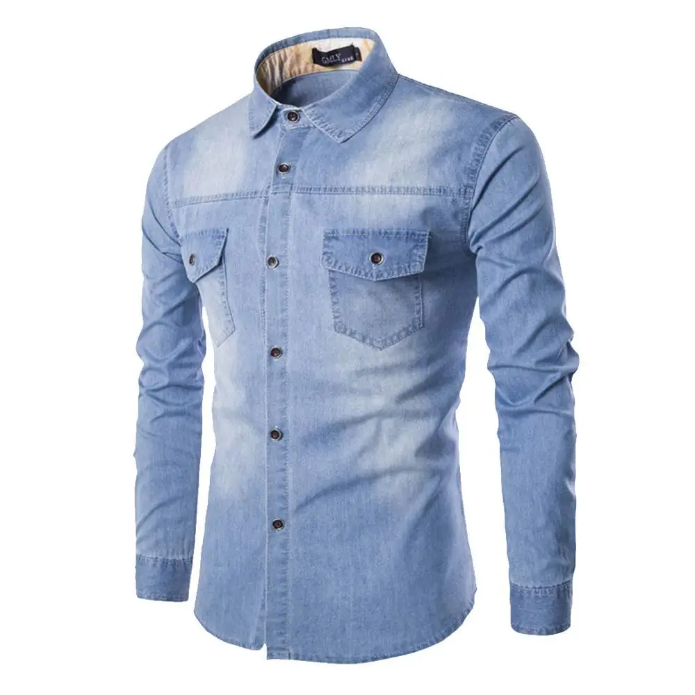 Wholesale super large size 6XL men's denim shirt chest double pocket slim cowboy washing long sleeve shirt camisa masculina