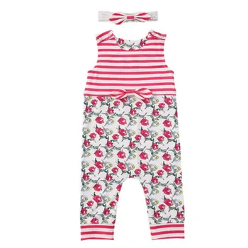 

0-24 Months Baby Girl Stripe Flower Romper Sleeveless Summer Jumpsuit Headband Baby Girls Jumpsuits Clothes