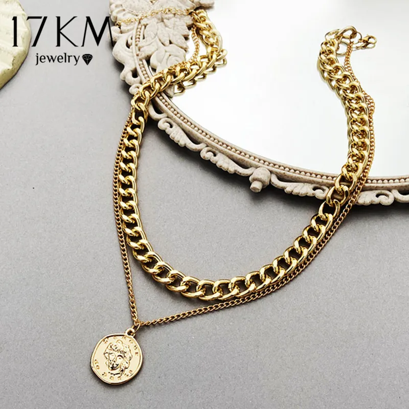 17KM Vintage Multi layer Coin Chain Choker Necklace For Women Gold Silver Color Fashion Portrait Chunky Chain Necklaces Jewelry