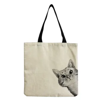 Cute Cat Printed Fashion Tote Shopping Bag For Female Girl Linen Fabric Reusable Outdoor Beach Shoulder Bag Casual Big Handbag 1