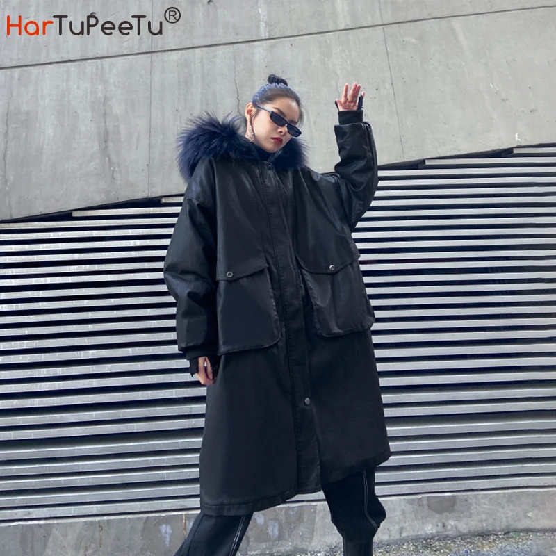 

Russia Winter Women PU Leather Jacket Thick Cotton Padded Hooded Coat Moto with Faux Raccoon Fur Pocket Zipper Plus Size Outwear