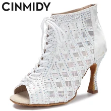 CINMIDY Woman Latin Dance Boots Samba Ballroom Dance Shoe Ladies Breathable Mesh High Heel Fashion Soft Sole High Boots