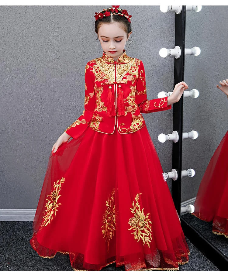Детское китайское свадебное платье; Qipao; детская одежда для девочек; красное платье с вышивкой в виде цветов Феникса; платья принцессы в восточном стиле; Qi Pao Hanfu