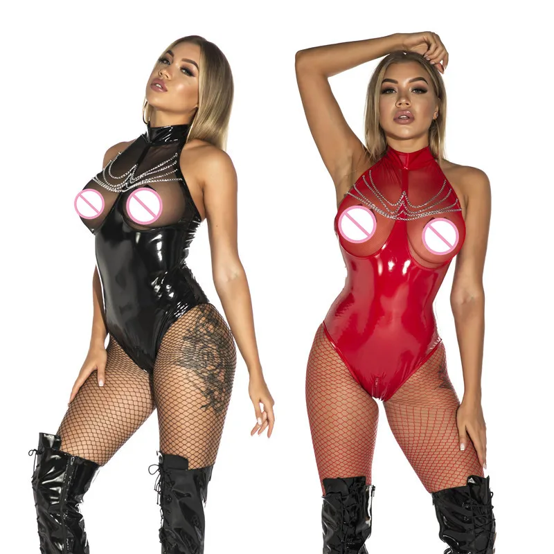 

Sexy wetlook Faux Leather Catsuit PVC Latex Bodysuit Hollow out Bust Open Crotch Clubwear fetish hot erotic Pole Dance Lingerie