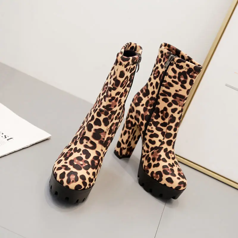Donnain New Fashion leopard Platform Ankle Boots Women 12cm Thick Heel Platform Boots Ladies Worker Botas Mujer Invierno 2019