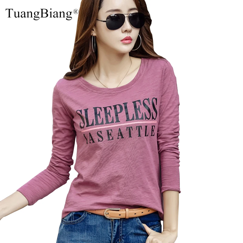 

Bamboo cotton Long sleeve Loose Letter T-shirts Women 2020 Autumn Korean Casual O-Neck Tee shirts Ladies fashion brand Slim Tops