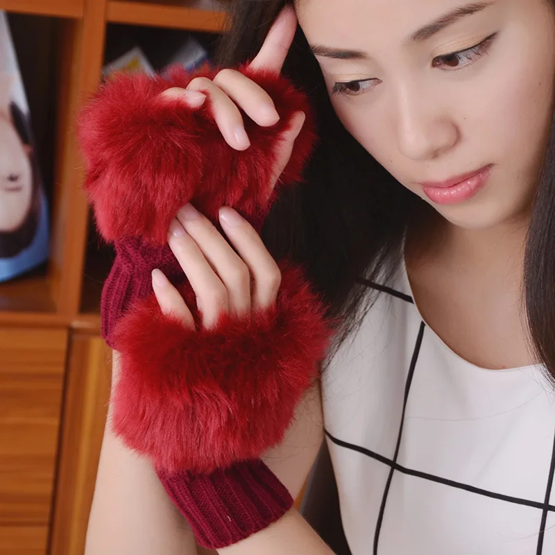 claret red Теплые зимние перчатки из искусственного меха женские вязаные мягкие повседневные рукавицы - Цвет: claret red