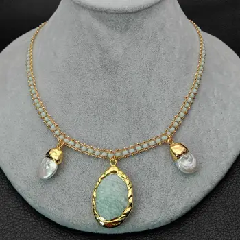 

19" Green Color Crystal Chain Necklace White Keshi Pearl Onyx Pendant