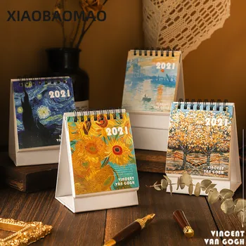 

2021 Mini Desk Calendar Oil Painting Series Mini Desktop Desk Calendar Retro Famou Painting Art Coil Calendar Book Kawaii
