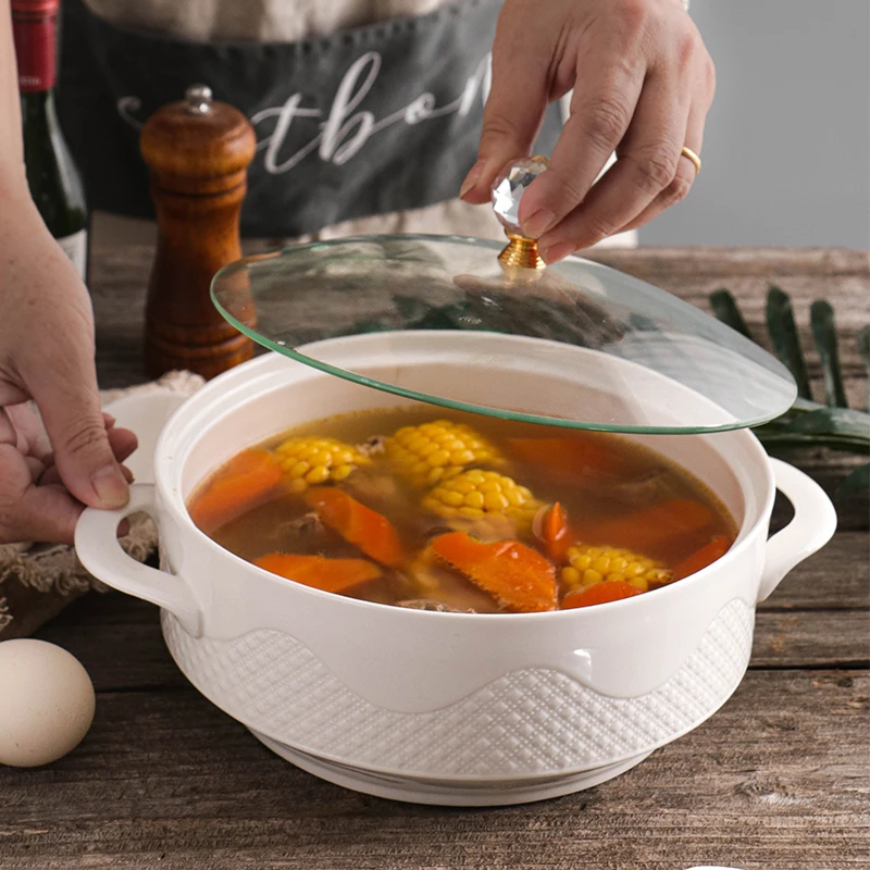 Creative Nordic Ceramic Handle Salad Fruit Soup Bowl With Lid Anti-scalding Noodle Rice Food Pot Dessert Breakfast Oat LA208 portable food container stainless steel food pot bowl lid