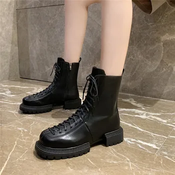 

COOTELILI Women Ankle Boots 2020 New Fashion Shoes 4cm Heel Zip And Lace Up Black And White Platform Shoes For Woman Size 35-40