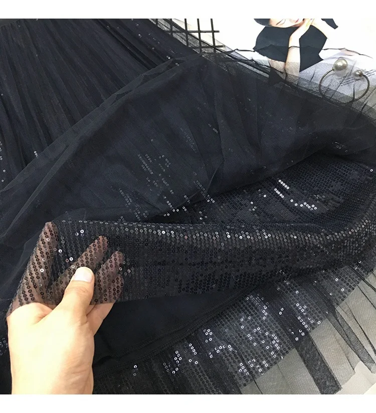 Spring Summer Skirts Women Korea Long Tulle Skirt Sequined Pleated A Line Midi Skirt Chic High Waist Skirt Female