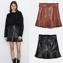 Юбка ZA английская элегантная винтажная кожаная юбка с высокой талией Женская мода юбки женские осенние новые вечерние оптом