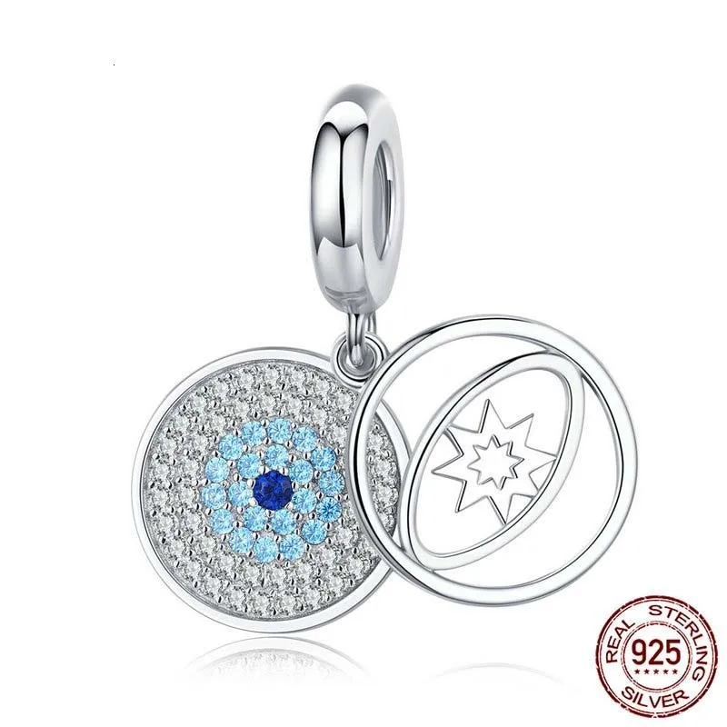 Silver 925 Jewelry Blue Evil Eye Double Pendant Charm for Original Bracelet or Necklace Fine Accessories SCC1365 | Украшения и