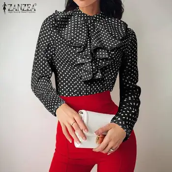 

Fashion Women Polka Dot Blouse ZANZEA Elegant Shirt Vintage Ruffles Flounce Tops Femininas Long Sleeve Shirts OL Work Blusas