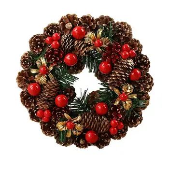 

27cm Christmas Wreath Handmade Rattan Garland Artificial Pine cone Red berry Festival Hanging Door Wreath Christmas Decoration