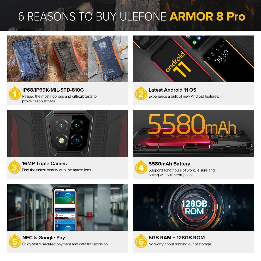 Rugged Smartphone Ulefone Armor 8 Pro 6GB/8GB+128GB Android 11 5580mAh NFC/IP68/4G / GPS/Waterproof Mobile Phone IP68 Smartphone