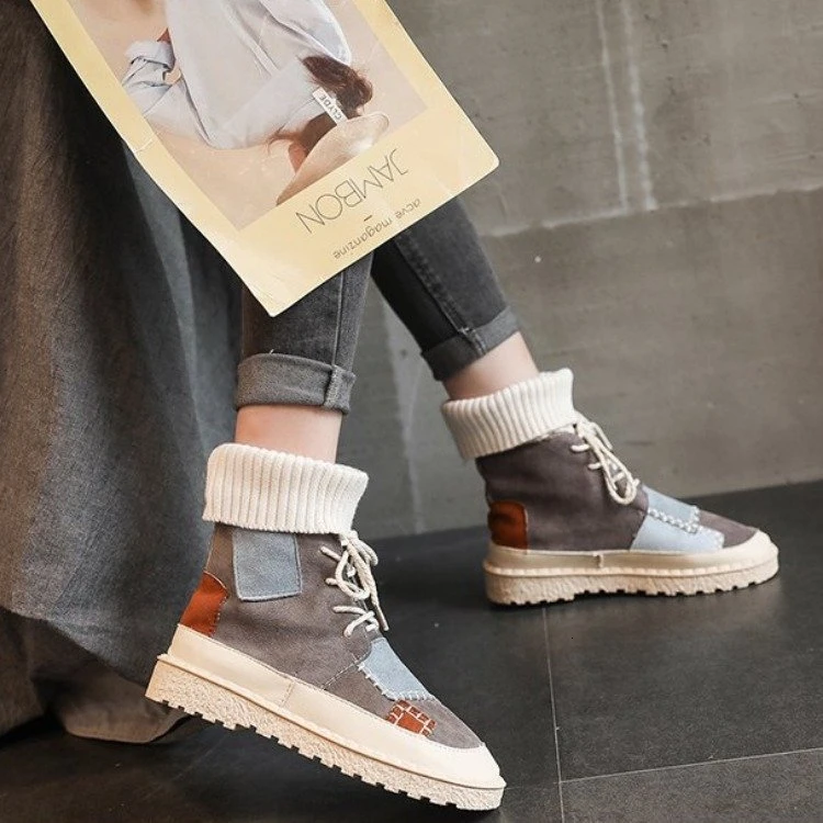 

2019 new winter women's sheep fur one snow boots warm plus velvet cross straps suede embossed boots Plus Size 35-43