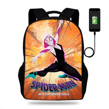 

17inch Spider-Man Into the Spider-Verse Print Backpack Teenager Girls High School Bags Kids USB Port Backpack Children Mochila