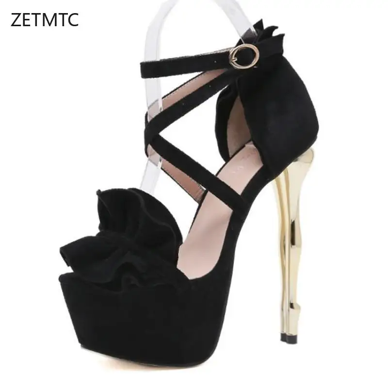 

Platform high heel sandals 2020 spring summer shoes fashion sweet Party Flock Cross-Strap women's Flower Thin Heels sandles