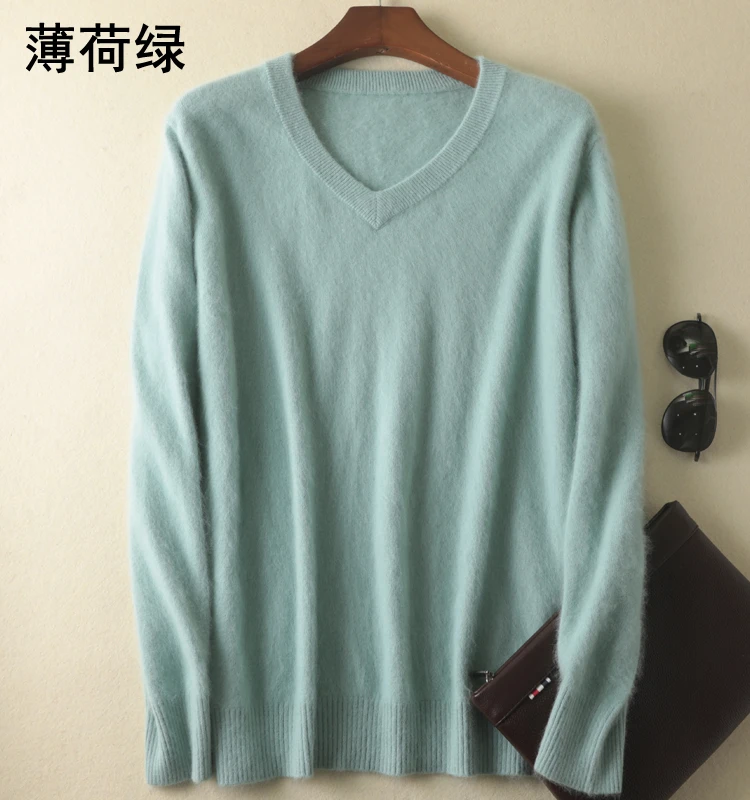Classic Men\'s 100% Mink Cashmere Sweaters 2020 Solid Color V-Neck Casual Knitted Pullovers Winter Men Long Sleeve Warm Jumper