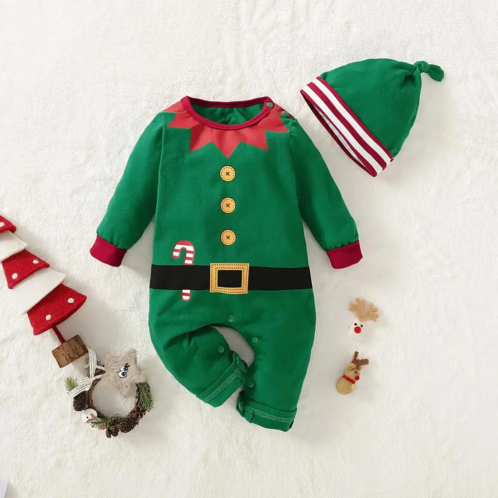Baby Rompers Christmas Clothes Cotton Long Sleeve Jumpsuits + Hats Newborn 2pcs Outfits 0-18M Toddler Infant Costumes Child Wear
