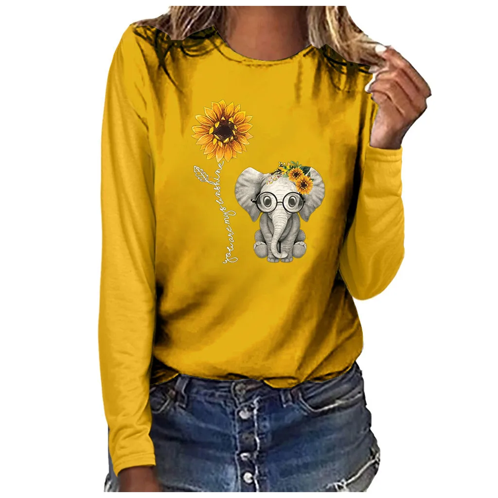 Женская футболка с рисунком подсолнуха и слона, большие размеры, футболка с длинным рукавом и мультяшным принтом, свободная рубашка для девочек, Camiseta Mujer, женская футболка, Топ