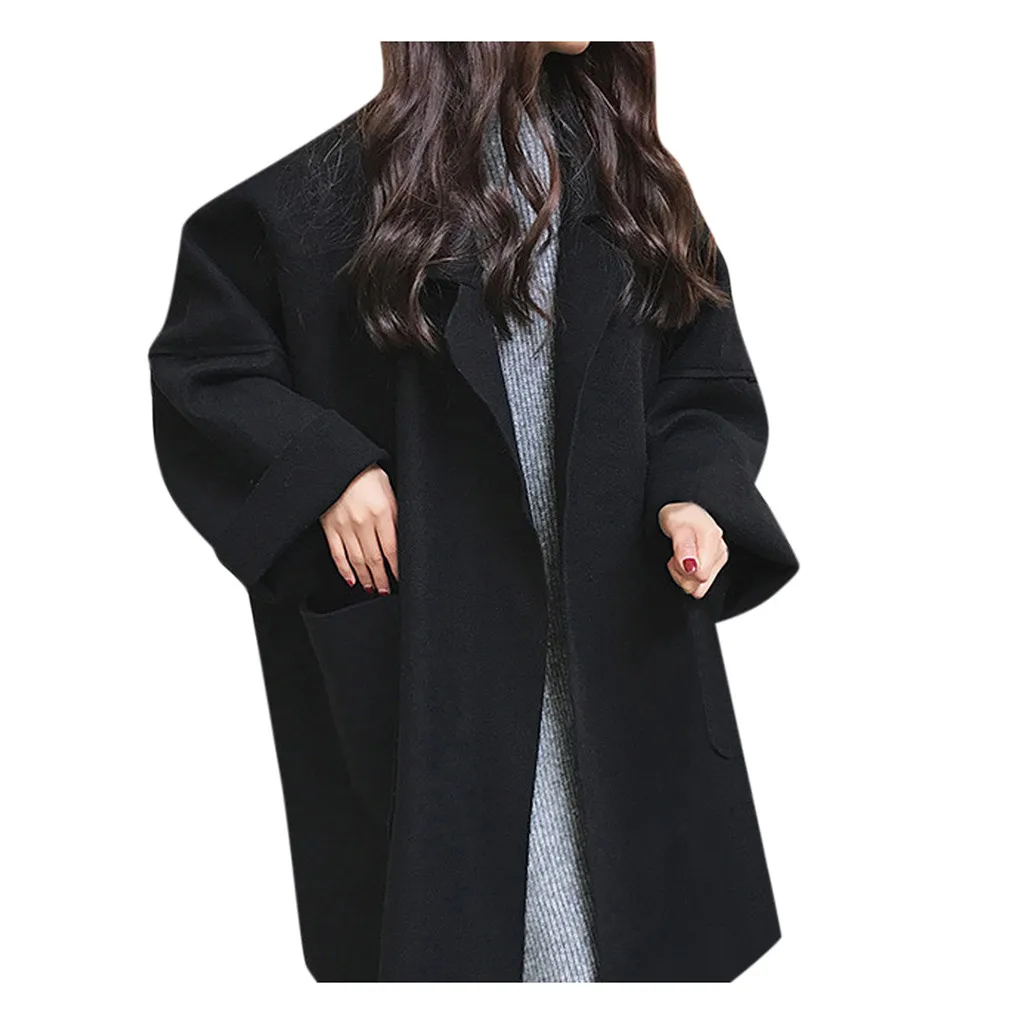 Новая женская верхняя одежда зимняя одежда пальто новая мода длинное элегантное шерстяное пальто кардиган шерстяное пальто Зимние шерстяные куртки# J30 - Color: Black