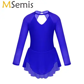 

MSemis Kids Girls Figure Ice Skating Roller Skating Dress Sheer Long Sleeves Tulle Splice Cutouts Back Ballet Leotard Dancewear