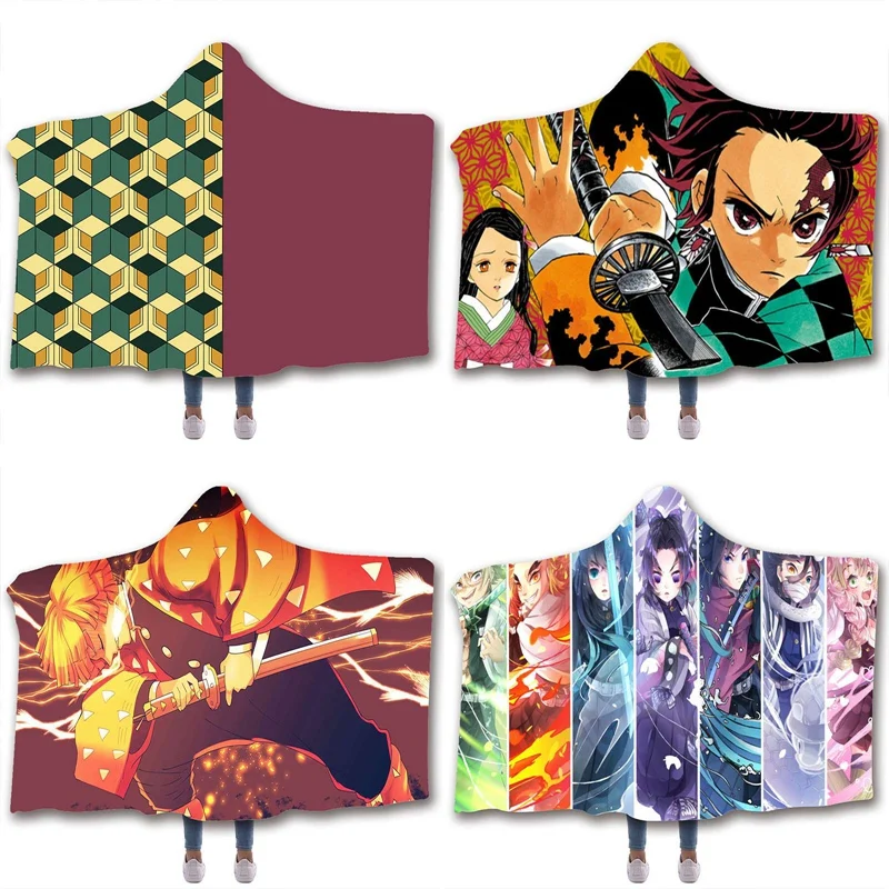 

Anime Demon Slayer Printed Plush Hooded Blanket Warm Blankets For Beds Sofa Soft Wearable Double layer Fleece Throw Blankets