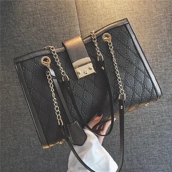 

2019 Large Luxury Louis Brand Women Plaid Tote Bag Female Handbags Designer Black Leather Big Crossbody Chain Messenger Bag