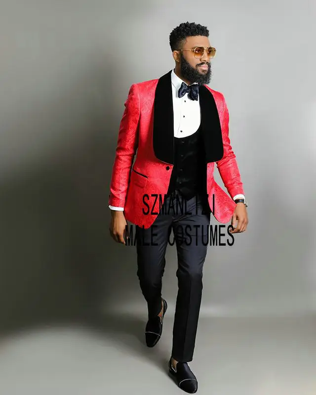 2019 Black Jacquard Jacket Men Suit Slim Fit Wedding Tuxedo Custom Made Wedding Groom Party Suits Costume Homme Best Man Blazer