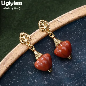 

Uglyless Pretty Pumpkin Color Agate Earrings for Women Sweet Heart Brincos Gold Plated Real Solid 925 Silver Fine Jewelry E1401