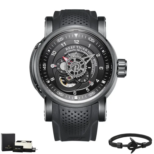 Reef Tiger R/T бренд 100M водонепроницаемые механические мужские часы Tourbillon Роскошные деловые резиновые ремешок автоматические часы erkek saat - Цвет: RGA30S7-BBB