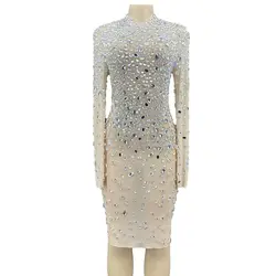 Crystals Transparent Long Sleeve Sparkly Big Rhinestone Dress Evening Birthday Celebrate Costume Wedding Dancer Prom Party