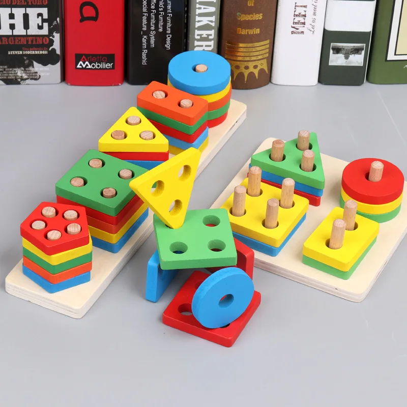 

Baby Wooden Educational Force Toy Four Layer Case Column CHILDREN'S Toy Wood Geometric Shapes Disassembly Building Blocks Toy