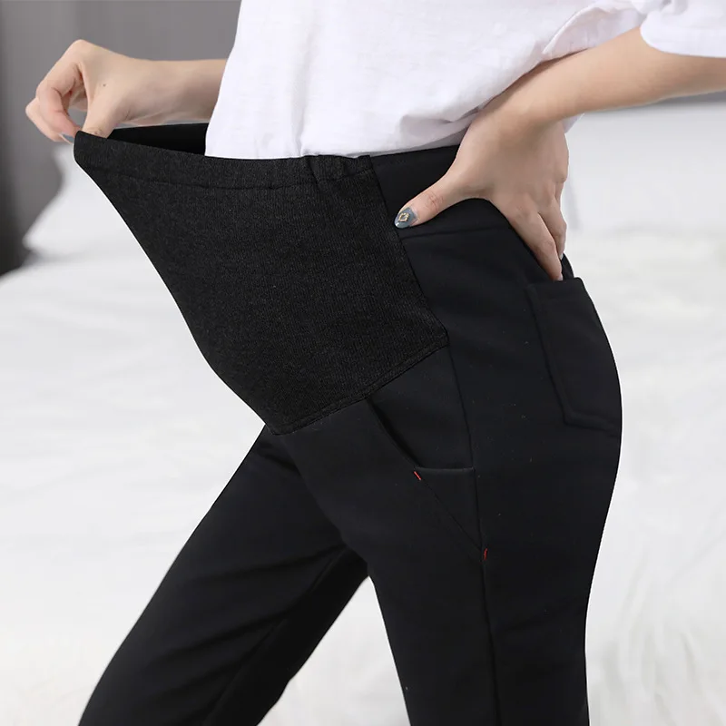 Womens Pregnant Warm Leggings High Waist Imitation Denim Jeans Autumn Winter Pencil Pants Plus Velvet & No Velvet For Pregnancy 4